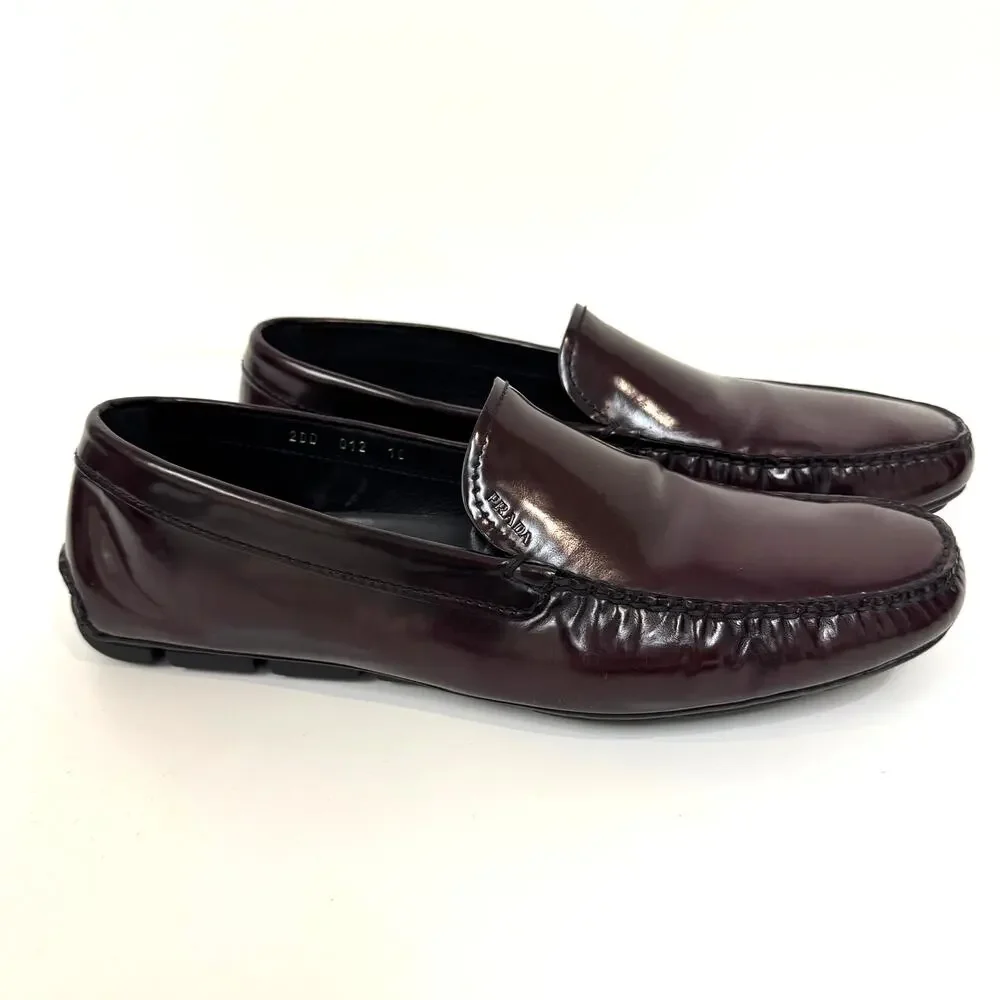 PRADA Shell Cordovan Burgundy Driving Loafer 10 Patent Leather Moccasin Driver